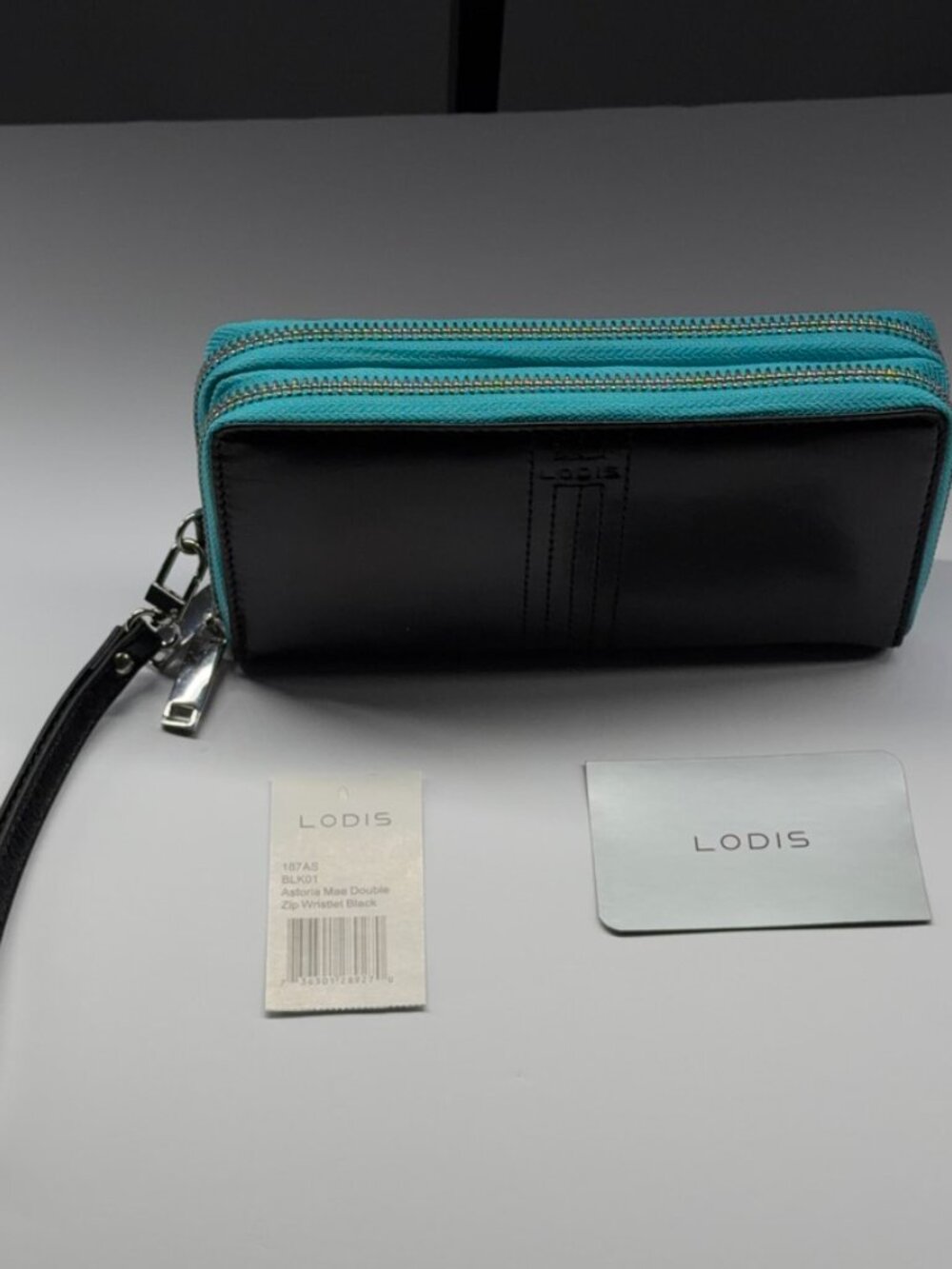LODIS Black Leather Double Zip Wristlet Wallet Teal & Black Silver Hardware NWT - Picture 2 of 14